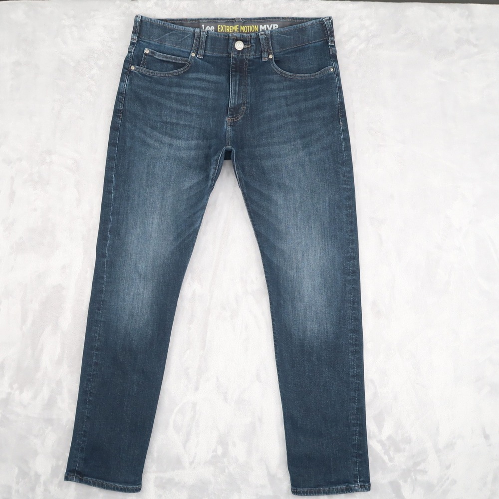 Lee Jeans Mens 36x32 Fits 34x31.5 Blue Extreme Motion MVP Slim Fit Tapered Leg